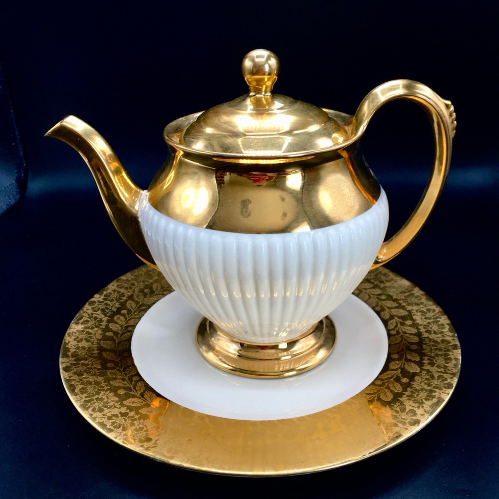 VTG 3Pc Royal Winston Grimwades Art Deco 22k Gold Teapot & Gold Rim Plate